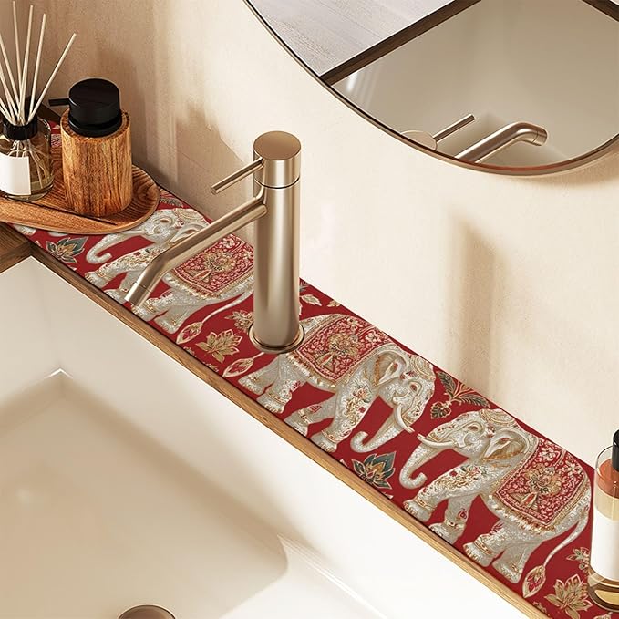 Kitchen Sink Splash Guard 2 PCS 14.7 Inch Sink Faucet Mat Splash Guard for Bathroom Countertop Water Absorbent Foldable Cuttable Soft Washable Red Retro Elephant Flowers