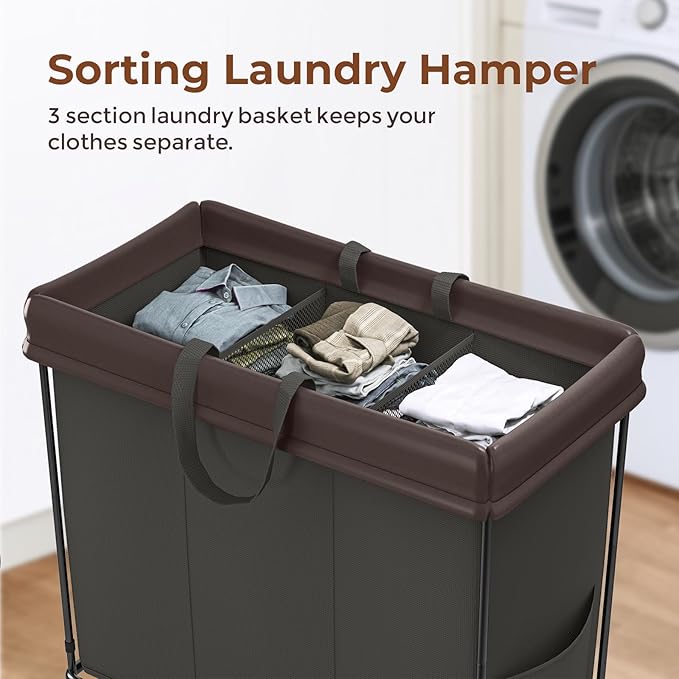 320L Laundry Hamper with Wheels, 3 Section Large Rolling Laundry Basket Bag with Wheels, Clothes Hamper Cart for Laundry, Bedroom, Bathroom and Dorm