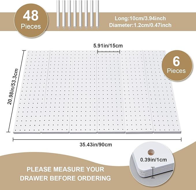 Kigley 6 Pcs Wood Pegboard Drawer Organizer with 48 Pegs Wood Peg Board System Peg Drawer Organizers for Kitchen Dishes Plate Pegboard Food Containers(20.98x5.91,White)