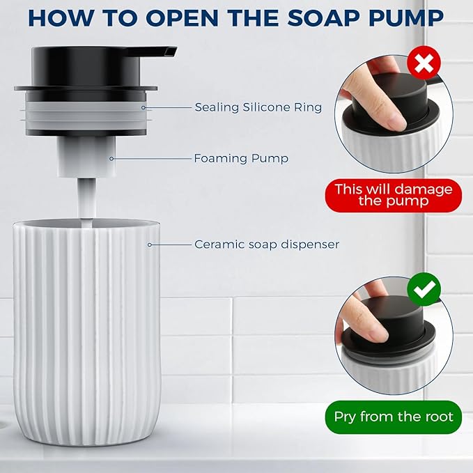 Ceramic Foaming Hand Soap Dispenser 2Pack，12 oz Bathroom Soap Dispensers， Lotion Dispenser for Kitchen, Refillable Matte Streaks Soap Dispenser with Large Pump (White-2Pack)