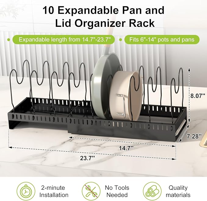 Pots and Pans Organizer Under Cabinet with Drain Board, Expandable Pot Lid Organizer inside Cabinet Holder with 10 Adjustable Compartment, Rack for Cutting Board, Sheet Pan, Cookware, Black