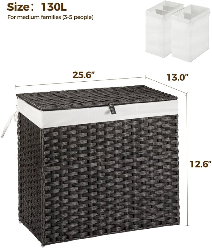 Greenstell Laundry Hamper with Wheels&Lid, 130L Large 3 Sections Clothes Hamper with 2 Types Removable Liner Bags, 5 Mesh Laundry Bags, Handwoven Divided Laundry Basket Black