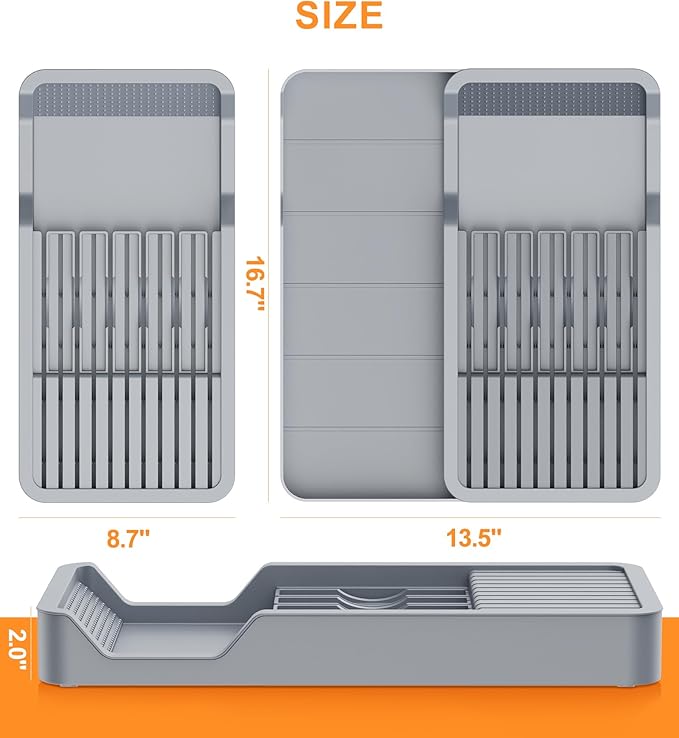Kitchen Knife Drawer Organizer Grey, In Drawer Knife Block Holder with Expandable Cutlery Tray Compact Organization Drawer Storage Holds Up To 11 Knives (Including Hooks&Sponges)