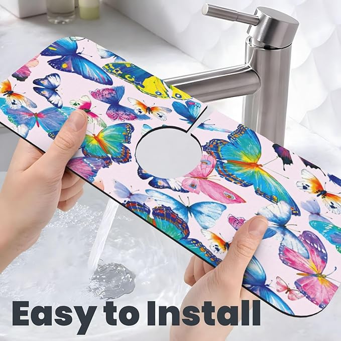 Faucet Draining Mat For Kitchen Sink, Colorful Butterflies Diatom Mud Absorbent Drain Pad For Bathroom Kitchen Sink Splash Guard Drying Mat