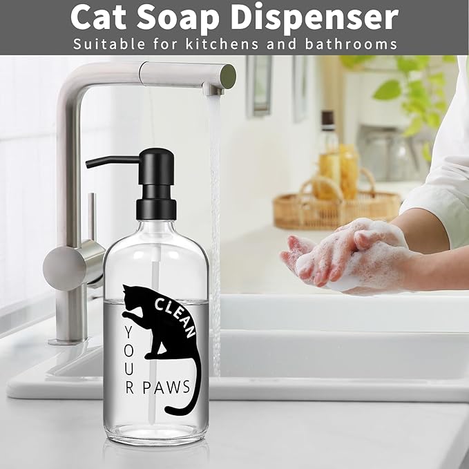 Black Cat Soap Dispenser 17 oz Clear Glass Hand Soap Bottle with 304 Stainless Steel Pump for Bathroom or Kitchen Countertop Cat Lover Gift Idea