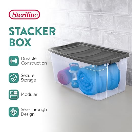 Sterilite 12-Pack Modular Stacker Box, Durable Clear Plastic Storage Bins with Latching Lids, 200 Quart - Stackable Organizing Container Boxes for Closet, Bathroom, and Office