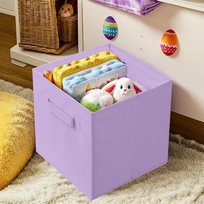 PowerKing Collapsible Storage Cubes with Handles, Fabric Foldable Bins for Closet Shelves, Durable Organization Storage Bins, 10.5'' x 11'' x 10.5'', 6 Pack, Purple