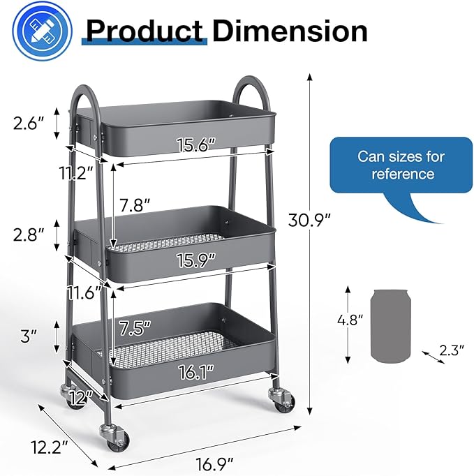 OLIXIS 3 Tier Utility Rolling Cart, Metal Mobile Storage Shelf with Lockable Caster Wheels, Organization for Livingroom, Bathroom & Narrow Places, Gray