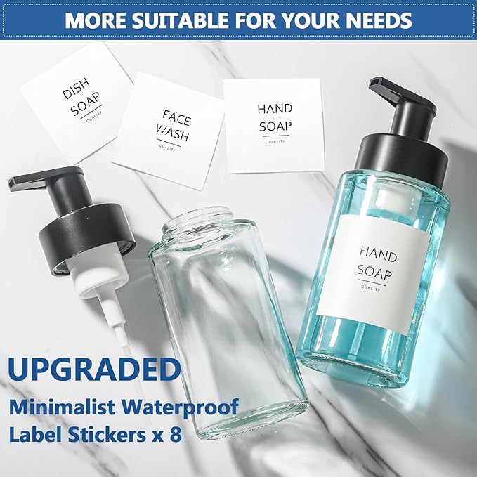 Foaming Soap Dispenser, 10 oz/300ml Foaming Hand Soap Dispenser, 4 Pack Glass Dispenser for Bathroom & Kitchen, Clear Refillable Foam Dispenser Bottle with Waterproof Labels