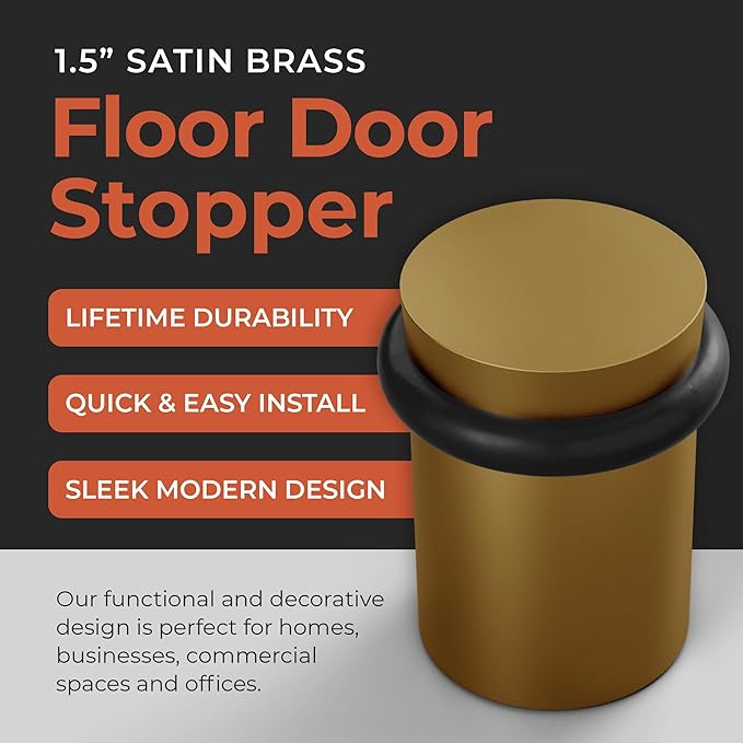NYCO - Floor Door Stopper Chrome Door Stop - Classy Solid Steel Modern Heavy Duty Door Stoppers - Floor Mount Anchor Screw - Wall Protector for Commercial Door (1.5 Inch Satin Brass)