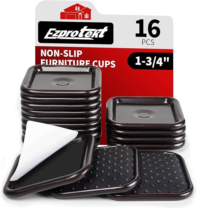 Ezprotekt 1 3/4" Non Slip Furniture Pads, 16 Pcs Anti Slip Furniture Caster Cups, Furniture Coasters for Hardwood Floors, Furniture Stoppers to Prevent Sliding - Prevent Floors Scratches, Brown/Black