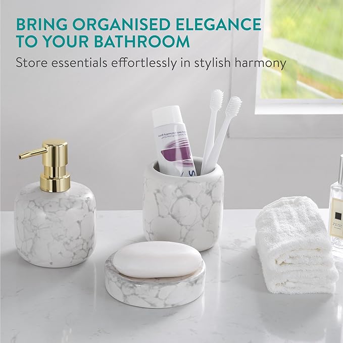Navaris Ceramic Bathroom Sink Accessories Set - Complete 3pc White Marble Effect Accessory Set - Soap Dispenser, Toothbrush Holder & Tray - Sets for Bathrooms and Kitchen Sinks