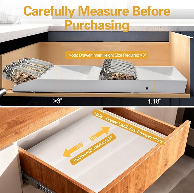 GOENDR Metal Spice Drawer Organizer, 4-Tier 2 Set Spice Rack for Drawer, Expandable From 11.4" to 22.8" Seasoning Organizer, Kitchen Spice Rack Tray for Drawer/Countertop (Jars not included) White