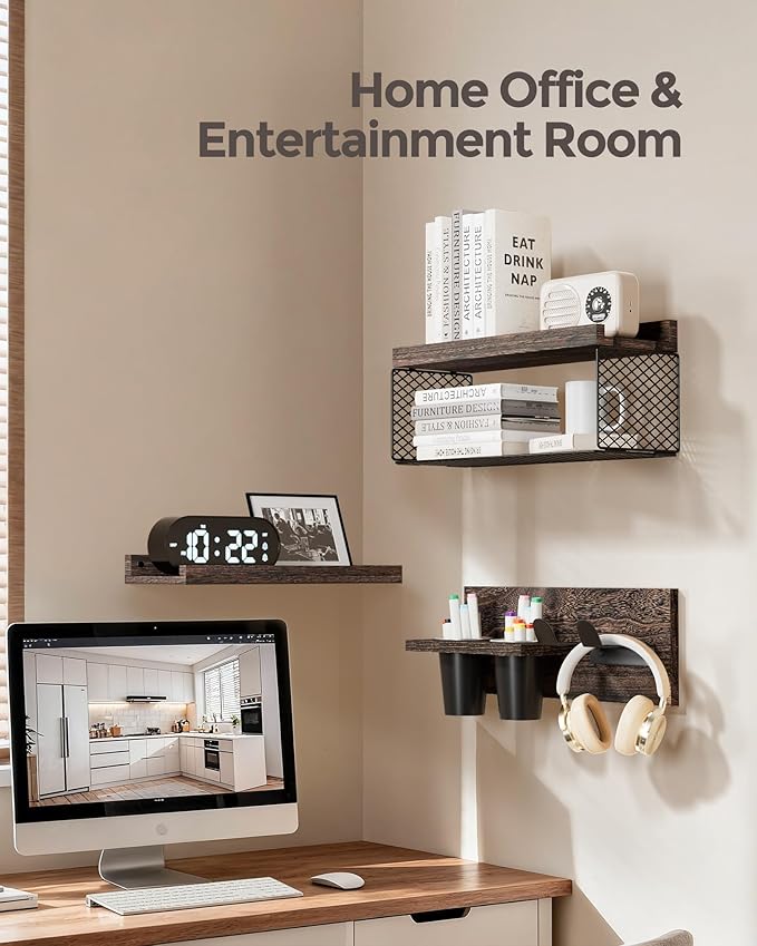 Puricon Floating Bathroom Shelves with Hair Dryer Holder, 3-Tier Rustic Wood Wall Mounted Organizers Set, Space Saving Over-Toilet Storage and Home Decor Hanging Rack -Dark Brown