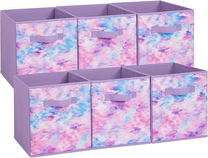 Stero Fabric Storage Cubes, 6 Pack Foldable Storage Bins Baskets with Handle, 11 Inch Box for Shelves, Closet, Organizer, Tie-dye Purple