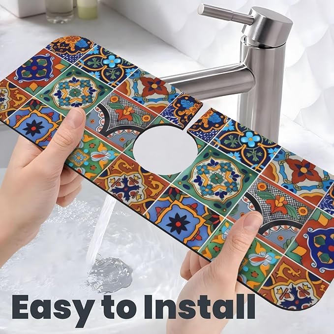 Faucet Draining Mat For Kitchen Sink, Talavera Mexican Tiles Diatom Mud Absorbent Drain Pad For Bathroom Kitchen Sink Splash Guard Drying Mat