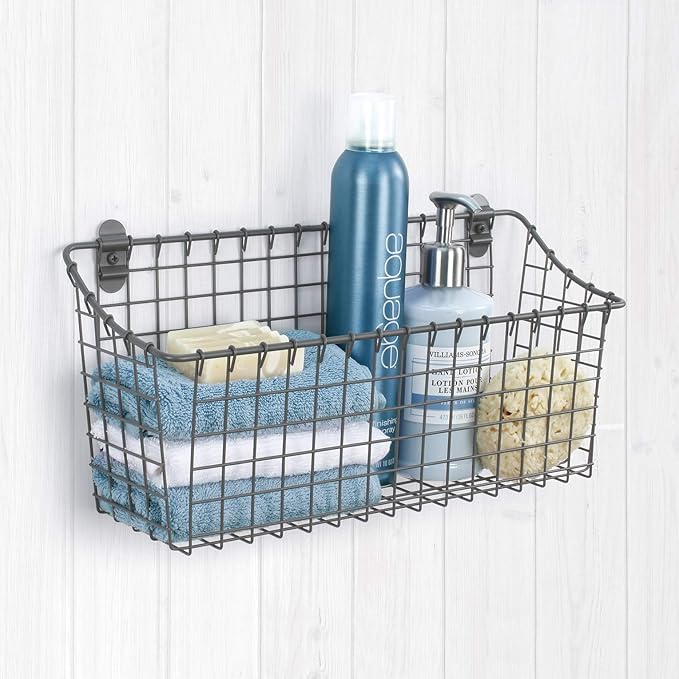 Spectrum Extra Large Wire Wall Mount Storage Basket Industrial Gray, Vintage Wire Basket Wall Mount Organizer Modern for Pantry Kitchen and Bath, Versatile Wall Mount Storage Basket Wire Caddy