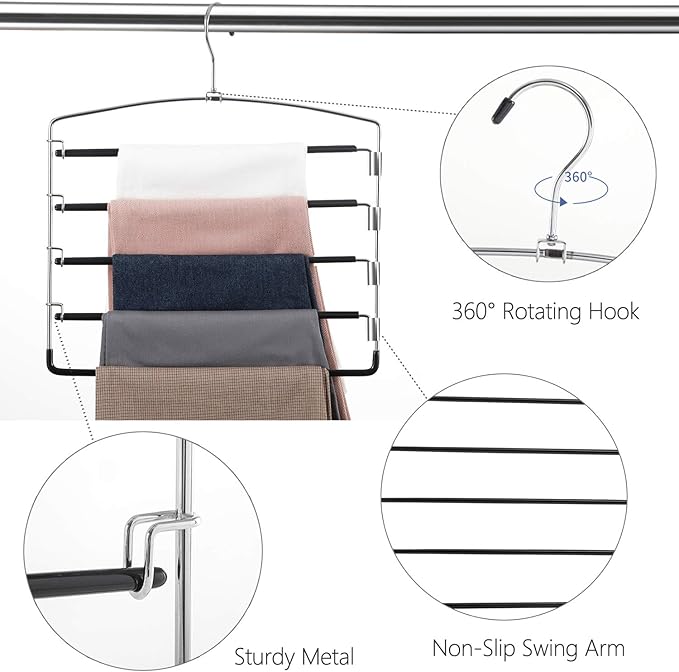 FeeraHozer Pants Hangers Non Slip 6 Pack Space Saving Hangers Multi-Layer Swing Arm Pants Hanger Stainless Steel Space Saver Hanger for Jeans Scarf Trouser Towel Clothes (Black)