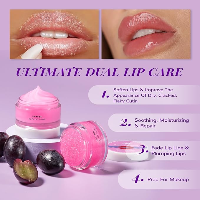 ANAI RUI Lip Therapy Set, Lip Scrub & Lip Mask, Overnight Hydrating Lip Moisturizer with Exfoliator Scrub, Lip Sleeping Mask for Plumping, Lip Gift Kit for Dry, Chapped, Dark Lips, Grape
