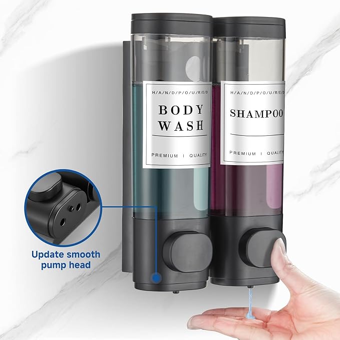 Shower Soap Dispenser Wall Mounted No Drill Shampoo Dispenser for Shower Wall Shampoo and Conditioner Dispenser Bathroom Hotel 2 * 300ml Black with Waterproof Labels