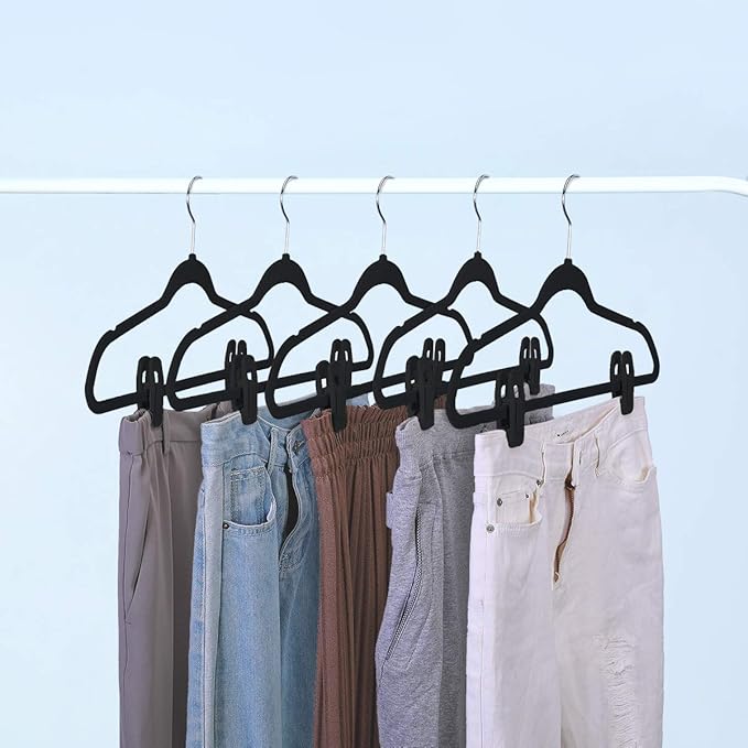 Trgowaul Thin Velvet Hangers Clips, Strong Finger Clips Perfect for Pants (20pc, Black)