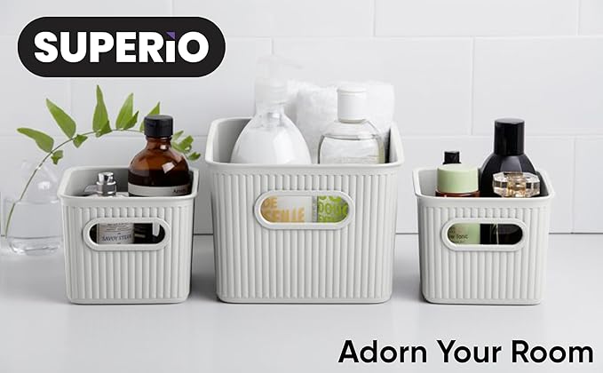 Decorative Plastic Basket Open Home Storage Bins Organizer, White (Set of 3) 1 Medium, 2 Small - Container Boxes for Organizing Closet Storage Bins for Shelves Drawer Shelf - Ribbed Collection