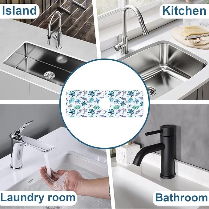 Watercolor Leaves Sink Splash Guard Faucet Mat Tropical Leaves Super Absorbent Fast Drying Mat Sink Gadgets-Splash Guard Behind Faucet Drip Catcher for Kitchen Bathroom, 15.5"x5.5"