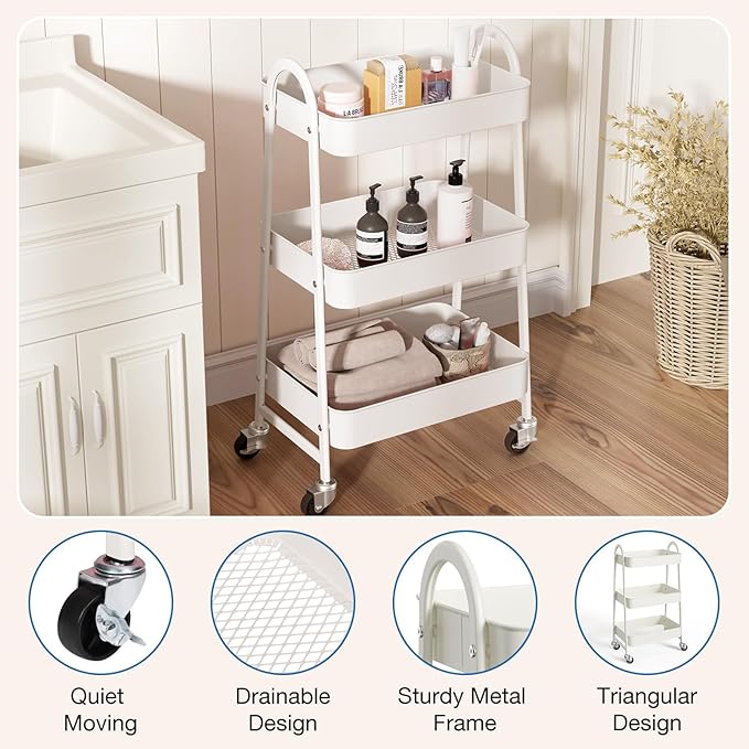 OLIXIS 3 Tier Utility Rolling Cart, Metal Mobile Storage Shelf with Lockable Caster Wheels, Organization for Livingroom, Bathroom & Narrow Places, White