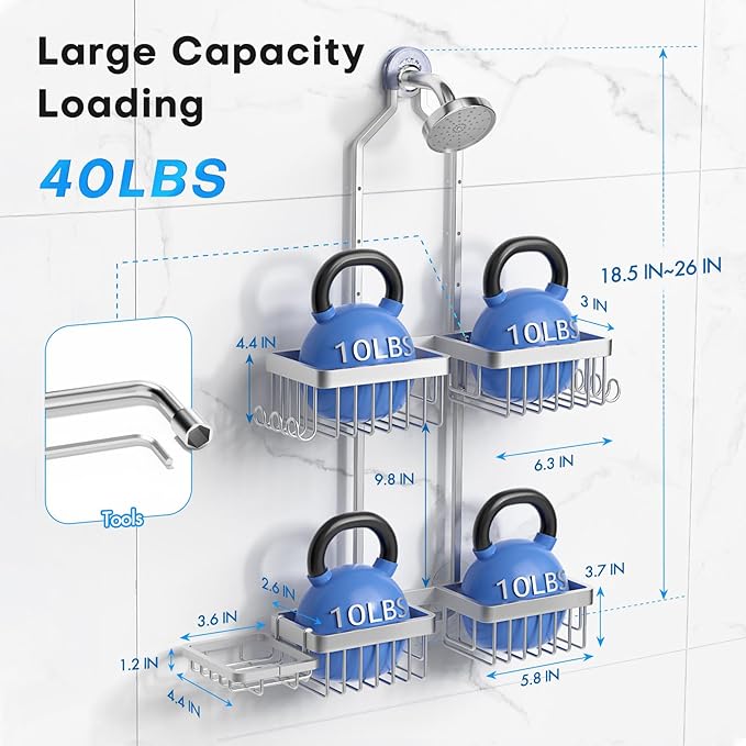 Aluminum Alloy Hanging Shower Caddy for Handheld Shower Heads,Rustproof Hose Shower Organizer 4 Levels Height Adjustable Shower Rack with Hooks,Razor Holder,Soap Holder