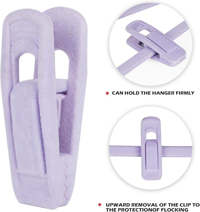 Tinfol Velvet Hanger Clips, 50Pcs Light Purple Strong Finger Flocked Clips, Large Opening Clip, Pants Velvet Clip for Thin Clothes Hangers