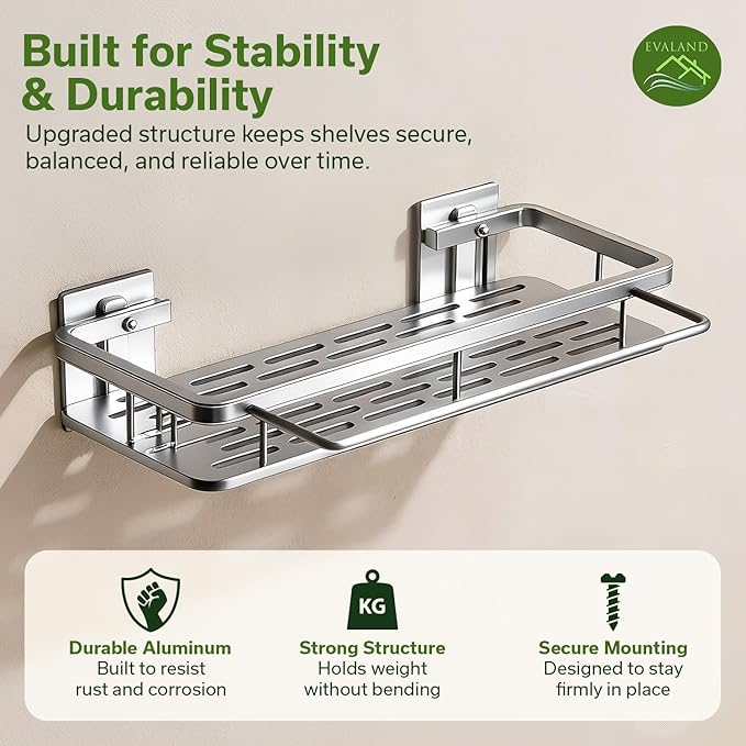 EVALAND Shower Caddy Adhesive 2-Pack with Hooks and Rod for Towels, Silver – Premium Bathroom Shower Shelves, Shampoo Organizer, Bathtub Shelf, Rustproof, Easy Installation, Sturdy Modern Look