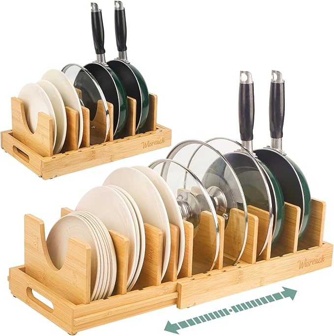 Bamboo Pot Lid Organizer, Adjustable Kitchen Organizer for Cabinet, Expandable Pot and Pan Storage Rack, Kitchen Organization for Lids, Bakeware, and Cutting Boards
