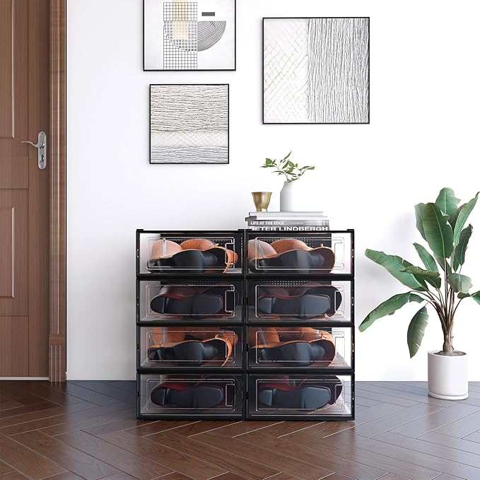 PARANTA 12-Piece Boot and Shoe Storage Box, Stackable Clear Plastic Shoe Box, Space-Saving Shoe Organizer for Boots, Sneakers, and High Heels, Black