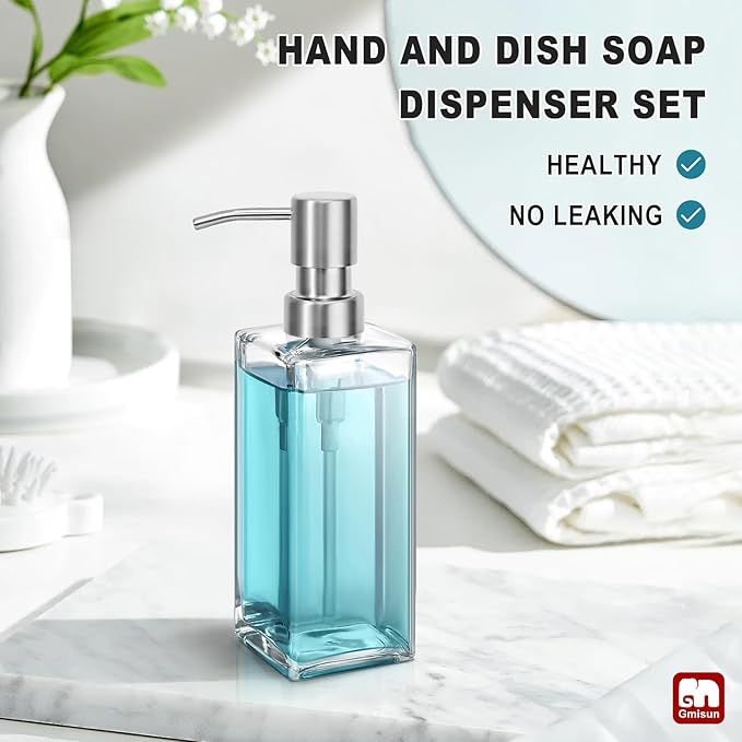 GMISUN Glass Soap Dispenser with Stainless Steel Pump, Clear Hand Soap Dispenser for Bathroom, 12 fl oz/350ml Dish Dispensers for Kitchen, Modern Refillable Liquid Soap Lotion Bottle for Countertop