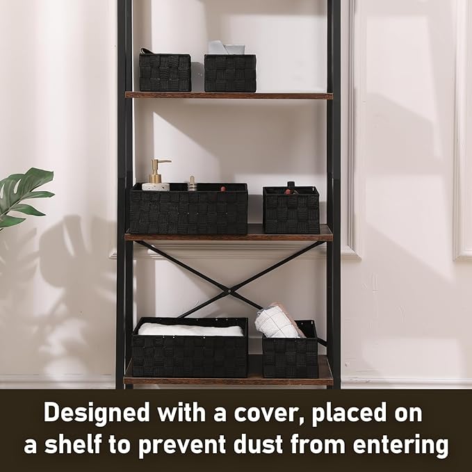 Storage Bins Woven Organizer Set of 6 – Polypropylene Storage Baskets with Metal Frame, Stackable Fabric Boxes for Drawers, Closet, Shelf, Nursery and Office, Black