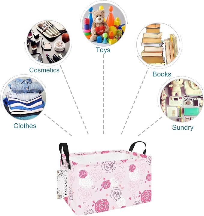 FANKANG Storage Bins, Nursery Hamper Canvas Laundry Basket Foldable with Waterproof PE Coating Large Storage Baskets for Kids Boys and Girls, Office, Bedroom, Clothes,Toys(Rec-Pink roses ）