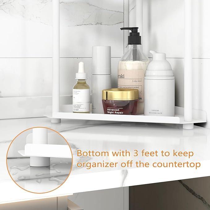 2 Tier Bathroom Counter Organizer, Vanity Organizer Corner Shelf, Skincare, Makeup Countertop Organizers, Kitchen, Bathroom Counter Storage, White