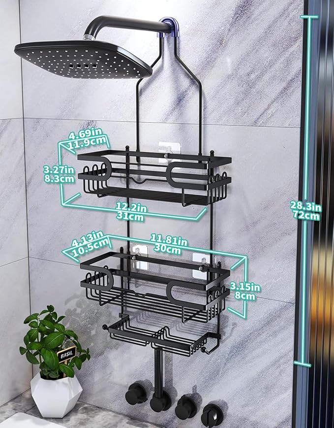 HapiRm Bathroom Hanging Shower Caddy - Rustproof & Waterproof Shower Shelf with 12 Hooks and 2 Soap Holders, No Drilling Bathroom Organizers and Storage - Black