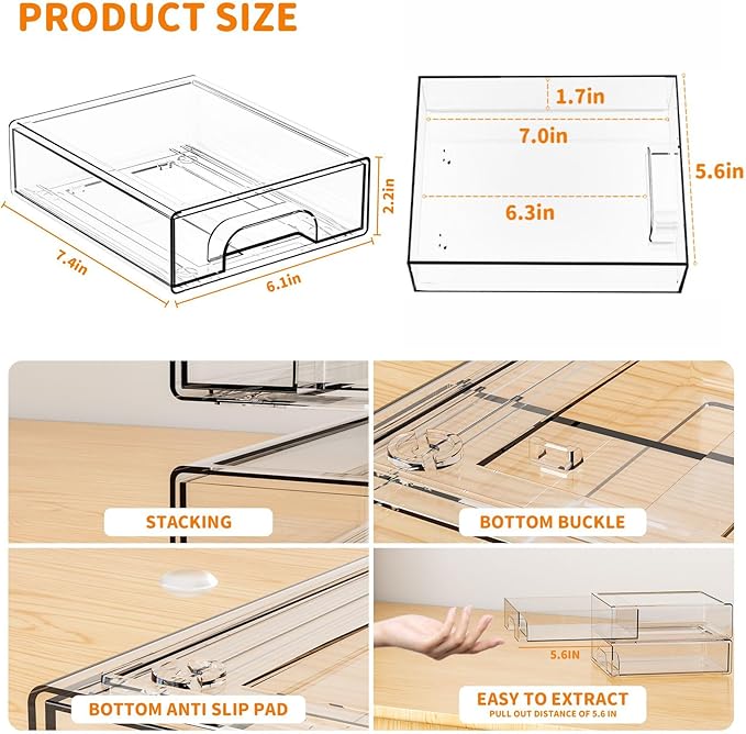 Yieach 2.2'' Tall Small Clear Stackable Storage Drawers,6 Pack Stacking Acrylic Organizers Drawers for Hair Accessories,Makeup,Pen,Art Crafts,Office Supply Organizer and Desktop Plastic Mini Drawers