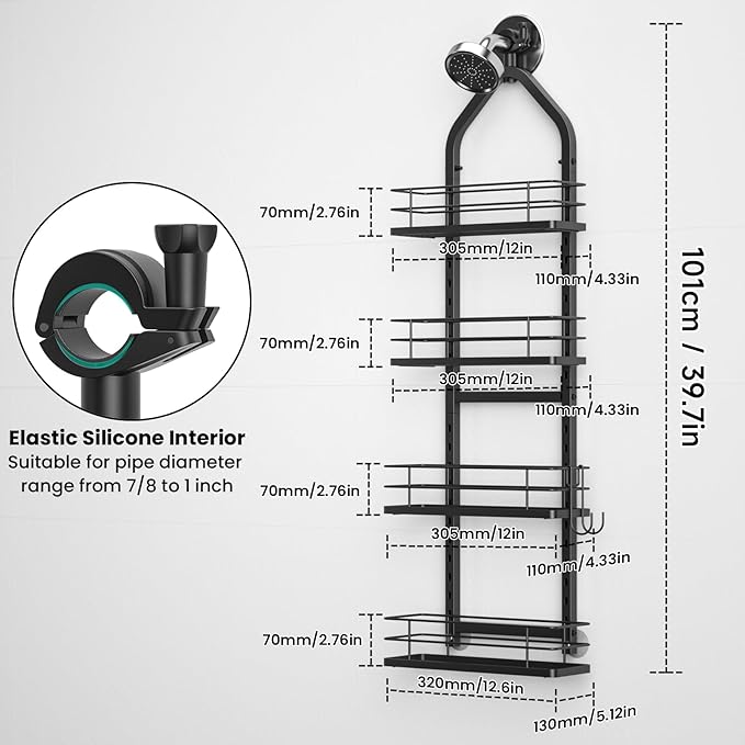 Shower Caddy Hanging (Black), Adjustable Anti-Swing-Over The Shower Head Caddy, 4 Tier Height Bathroom Storage Organizer Bathroom Shelves Basket Rack Shower Caddies (4Tier)