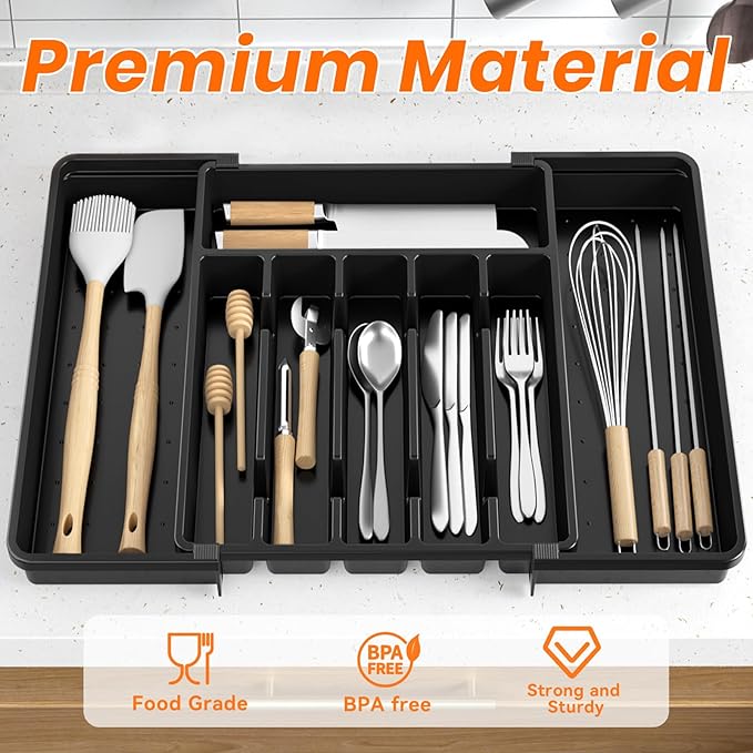 Large Silverware Organizer,Expandable Utensil Drawer Organizer,BPA Free Utensil Holder,Adjustable Silverware Tray Cutlery Drawer Organizer for Kitchen Flatware,Large,Black,2 Pack
