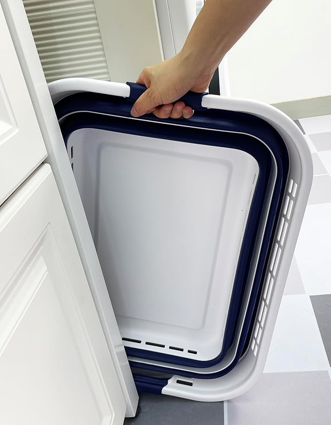 SAMMART 42L (11 Gallons) Collapsible Plastic Laundry Basket - Foldable Pop Up Storage Container/Organizer - Portable Washing Tub - Space Saving Hamper/Basket [BPA Free] (White/Starry Blue)