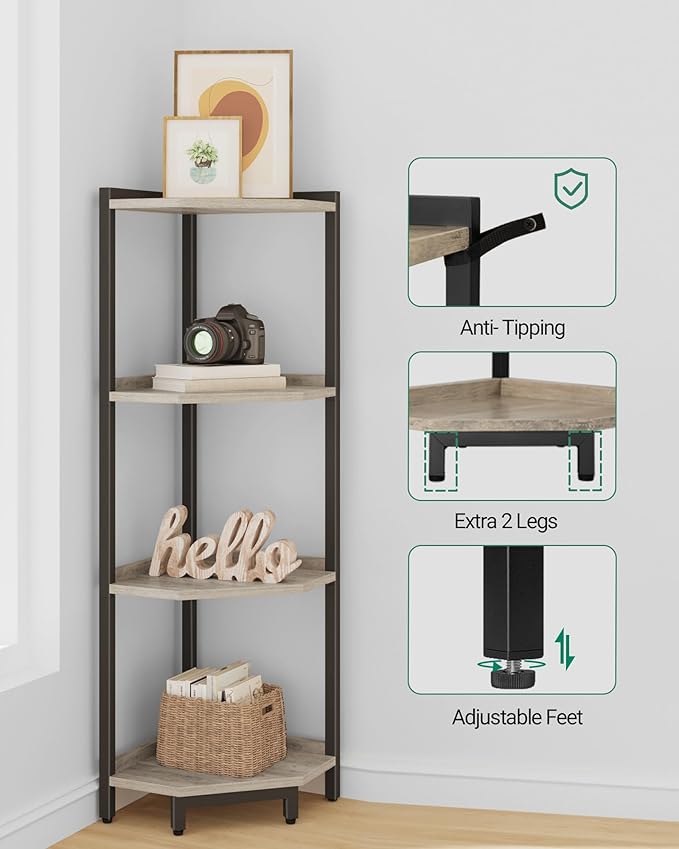 Corner Shelf Stand, Corner Bookshelf, Storage Standing Shelf Unit with Metal Frame, Plant Stand, Bookcase for Living Room, Home Office, Bedroom, 4-Tier Greige CS05805B