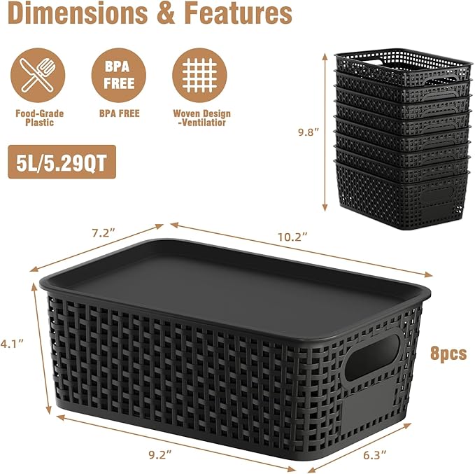 8 PCS Plastic Storage Baskets with Lids, Stackable Storage Bins with Lids & Labels for Organizing, Small Storage Bins for shelves, Office, Drawer, Cabinet & Pantry,Nursery Organization,10.2*7.2*4.1In
