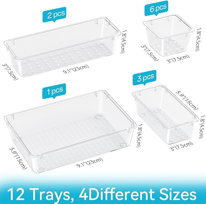 12 PCS Drawer Organizer Set, 4 Sizes Tool Storage Trays, Clear Plastic Makeup Vanity Organizer and Storage Bins for Makeup, Stationeries, Multiple Gadgets for Bathroom, Office, Bedroom