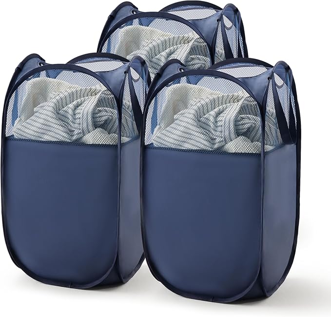 TECHMILLY Pop Up Foldable Laundry Basket, Mesh Laundry Hamper with Reinforced Handles for Dirty Clothes Storage in Dorm, Laundry Room, Bathroom, Blue(Fabric), 3 Pack
