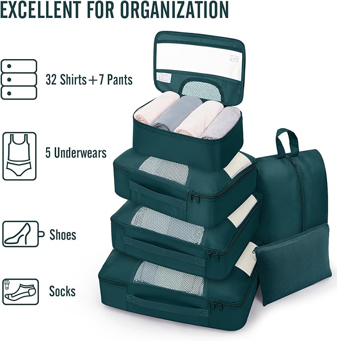Veken 8 Set Packing Cubes for Travel Essentials, Suitcase Organizer Bags in 4 Sizes, Carry-On Luggage Accessories with Large Laundry & Hanging Toiletry Bag, Must-Have for Airplane, Road Trip & Camping