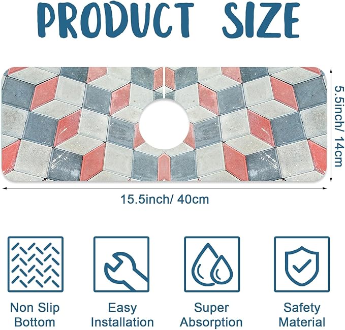 Red Gray Tile Sink Splash Guard Faucet Mat Red White Diamond Super Absorbent Fast Drying Mat Sink Gadgets-Splash Guard Behind Faucet Drip Catcher for Kitchen Bathroom, 15.5"x5.5"