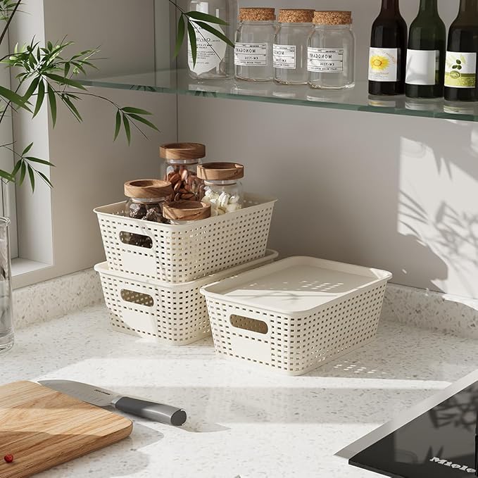 6 Pack Plastic Storage Baskets with Lids, Breathable Stackable Organizer Bins& Containers for Pantry, Desktops, Cabinet, Closet, Offices Organization Toys, Space Saving, Easy-Carry Handles,White