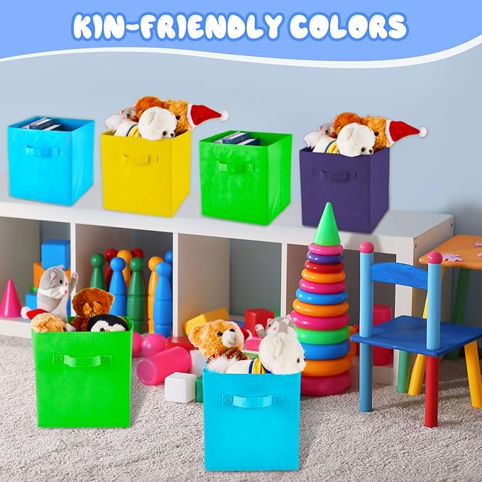 Yinder 12 Pcs Cube Storage Bin Rainbow Colored 11'' Storage Bins for Playroom Decor Colorful Bins for Kids Foldable Baskets for Nursery Organizer Boxes Fabric Boxes